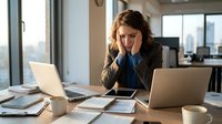 Stressed businesswoman with headache working on laptops in modern office environment with city view windows and paperwork scattered on desk.