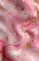 Pink marble swirls with gold foil flakes create luxurious abstract pattern. Flowing rose quartz texture with metallic accents forms elegant background for design projects.