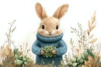 Adorable brown bunny wearing blue knitted sweater holding lettuce, surrounded by wild meadow grass and plants on light background, watercolor style illustration.