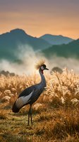 Elegant crowned crane standing in golden grassland at sunrise with misty mountains in background creating serene wildlife scene for nature photography projects.