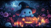 Cute kawaii ghost character with witch hat sitting on glowing jack o lantern in enchanted garden with candles, flowers and full moon at night.