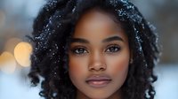 Young African American woman with natural curly hair covered in snowflakes, soft bokeh background creates dreamy winter portrait with glowing skin and gentle smile.