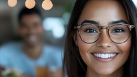 Young woman with dark hair and glasses smiling at camera, wearing eyewear for vision correction or style. Blurred male figure in background. Portrait for optometry, eyewear marketing, or lifestyle content.