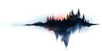 Atmospheric watercolor landscape with pine forest silhouette reflected in calm water at sunset, featuring misty mountains and moody sky in minimalist style.