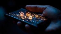 Glowing miniature houses emerge from smartphone screen with magical bokeh lights creating dreamy real estate concept in dark atmospheric setting.