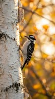 Downy woodpecker perched on white birch tree trunk in golden autumn sunlight with warm bokeh background for nature and wildlife photography projects.