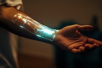 Glowing technological implant on human arm with futuristic circuit pattern emitting blue light, representing biotechnology and human augmentation advancement.