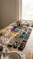 Colorful crystal and gemstone collection arranged on wooden table by window with natural light for healing meditation and spiritual wellness practices.