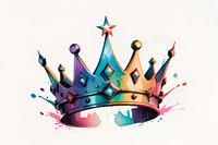 Colorful royal crown with watercolor splash effect and star on top, featuring gradient colors from purple to blue and orange, isolated on white background.