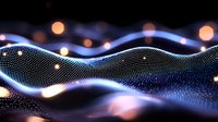 Glowing digital wave pattern with particle mesh and bokeh light effects on dark background creates futuristic technology visualization.