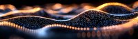 Abstract golden wave of glowing particles flowing through dark space with bokeh light effects for technology and digital design backgrounds.