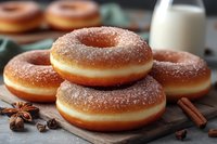 Sugar coated donuts with cinnamon sticks and star anise on rustic wooden board. Fresh homemade pastries and glass of milk in background, macro food photography.