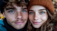 Young couple with blue eyes smiling at camera in cozy winter setting. Man with curly hair and woman wearing orange knit beanie hat. Romantic lifestyle portrait.