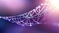 Spider web with morning dew drops glistening in soft purple and pink light creating magical bokeh effect for nature photography and macro art projects.