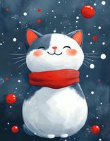 Cute cartoon cat with red scarf smiling against dark blue background with white snowflakes and red ornaments. Winter holiday art for greeting cards.