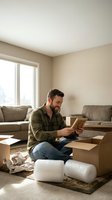 Young bearded Caucasian man unpacking cardboard boxes in modern living room during home relocation with tablet device for moving checklist organization.