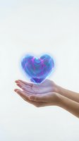 Hands holding glowing blue heart with electric energy patterns floating above palms on white background for healthcare and wellness concepts.