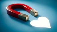 Red horseshoe magnet attracting white heart shape on blue background symbolizing love attraction, romance magnetism and emotional connection concept.