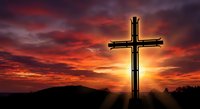 Wooden cross silhouetted against dramatic sunset sky with vibrant orange and purple clouds creating spiritual atmosphere for worship and faith concepts.