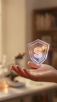 Hand holding glowing neon shield with letter S symbol, representing security, protection, and digital safety technology for cybersecurity and data protection concepts.