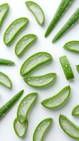 Fresh aloe vera slices and whole stems with water droplets arranged on white background, isolated for cosmetic, skincare, and wellness design projects.