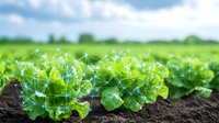 Young lettuce plants growing in field with digital network overlay representing smart farming and agricultural technology advancement in modern farming.