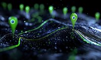 Glowing green location pins connected by luminous path over dark textured surface with particles and light effects, representing digital navigation and connectivity.