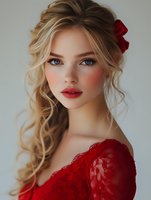 Young blonde woman with curly hair and red lipstick wearing elegant red lace dress with flower accessory against neutral background for fashion and beauty concepts.