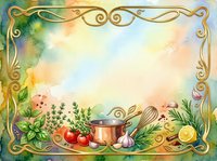 Watercolor cooking frame with fresh vegetables, copper pot, and ornate golden border, ideal for recipe cards, cookbook covers, and culinary design projects.