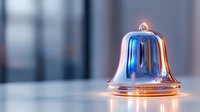 Shiny metallic bell with soft blue light reflection on glossy surface against blurred background creates elegant minimalist composition for festive designs.