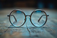 Round vintage eyeglasses with metal frames resting on weathered wooden surface. Classic retro spectacles for vision correction and fashion accessories.