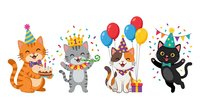 Cute cats wearing party hats celebrating with balloons, confetti and gifts. Isolated cartoon characters ready for birthday designs, greeting cards and festive projects.