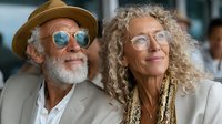 Happy senior couple with gray hair and sunglasses smiling together outdoors. Elderly man wearing hat and woman with curly hair enjoying retirement lifestyle.