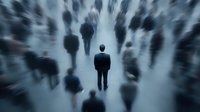 Businessman standing still in blurred motion crowd of people walking, leadership concept for business presentations and corporate materials.