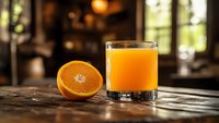 Fresh orange juice in glass with sliced orange on wooden table in warm kitchen setting for healthy breakfast and nutrition concepts.