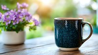 Ceramic blue speckled coffee mug on wooden table with purple flowers in white pot, soft morning light creates cozy atmosphere for lifestyle and home decor.