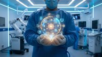 Surgeon in blue scrubs holding glowing digital medical hologram with healthcare icons in modern operating room with advanced technology equipment.