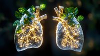 Glowing anatomical lungs with bronchial tree illuminated by golden light and green leaves, representing breath of life and nature connection on dark background.