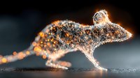 Digital wireframe rat silhouette with glowing orange light particles and network connections on dark background, representing technology and science concept.