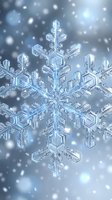 Macro close-up of intricate ice crystal snowflake with detailed geometric patterns against soft blue bokeh background with falling snow particles.