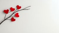 Red hearts on brown tree branch against white background, minimalist romantic composition for Valentine's Day cards, wedding invitations and love messages.