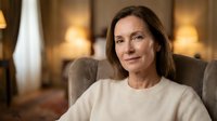Middle-aged Caucasian woman relaxing at home in comfortable armchair, wearing casual white sweater, warm interior lighting creating cozy atmosphere.