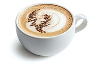 Creamy latte art in white ceramic cup featuring delicate leaf pattern design in coffee foam and chocolate powder on isolated white background.