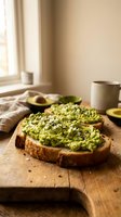 Fresh avocado toast on rustic wooden board with seeds and herbs in warm natural kitchen lighting for healthy breakfast and lifestyle content.