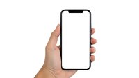 Hand holding modern smartphone with blank white screen isolated on white background for mobile app presentation and digital technology mockup.