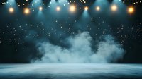 Atmospheric stage with glowing string lights, smoke and spotlight effects against dark background, creating dramatic entertainment or performance space.