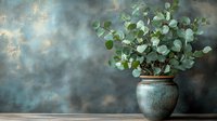 Fresh eucalyptus branches with round silver-green leaves arranged in aged ceramic pot against textured blue-gray wall background, creating moody atmospheric scene.