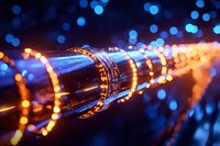 Glowing fiber optic cable with bokeh light effects in dark blue background, modern digital network technology concept for telecommunications and data transfer.