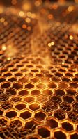 Golden honeycomb structure with warm bokeh lighting, showcasing hexagonal cells in sharp focus transitioning to soft blurred background. Ideal for beekeeping, nature, and organic product concepts.