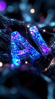 Glowing AI letters with blue and purple neon lights on dark background, surrounded by fiber optic strands and bokeh effects create futuristic tech atmosphere.